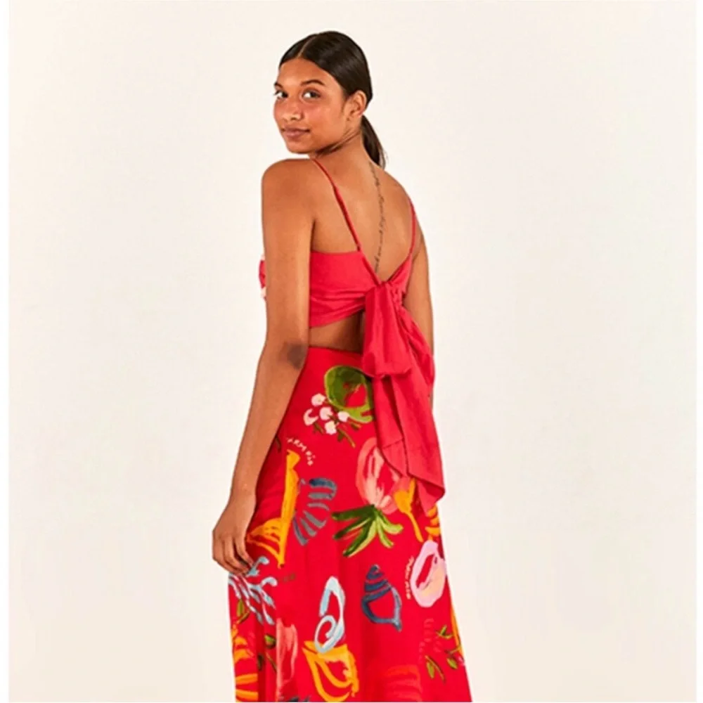 Farm Rio Red Ruffle Trim Crop Top S - Picture 2 of 4